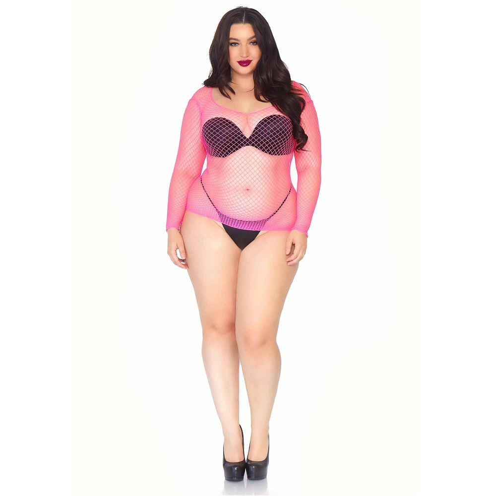 Leg Avenue Long Sleeved Industrial Net Top Neon Pink Plus Size - Image 2